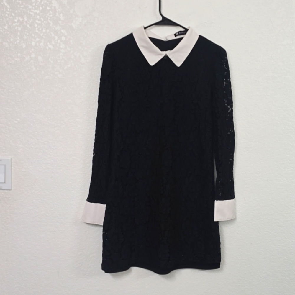 Women's Black Lace Collared Mini Dress Long Sleeve Wimsigoth Preppy Minimalist